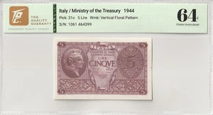 1944 Italy 5 Lire Pick#31c 64 Choice UNC - Picture 1 of 2