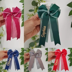 Handmade Large 4" Personalised Custom Name Gingham Plaid School Bow Clip Bobble - Picture 1 of 9