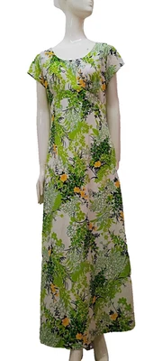 70s Hawaiian Floral Maxi Neon Green Dress M Vintage 70s Short Sleeve Hawaii Nei - Image 1 of 4