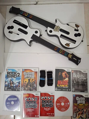 Guitar Hero & Rock Band Bundle Lot Gibson Nintendo Wii. 2 Guitars,  7 Games - Image 1 of 4