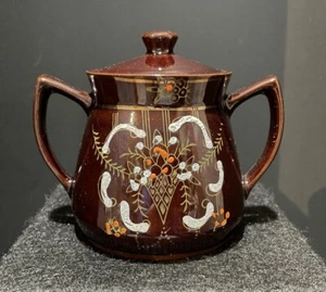Redware Brown Sugar Bowl Double Handled Japan Moriage Flowers Motif Vintage Gift - Picture 1 of 13