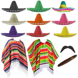 MEXICAN FANCY DRESS COSTUME PONCHO SOMBRERO WILD WESTERN BANDIT MENS FANCY DRESS - Picture 1 of 19