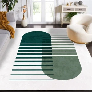 Modern Green Striped Geometric Partten Rug Minimalist Art Deco Home Office Rugs - Picture 1 of 7