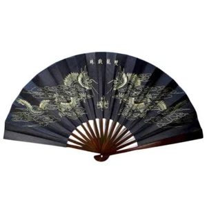 DOUBLE DRAGON FAN 13" Large Black and Gold Folding Hand Wall Fan Asian Feng Shui - Picture 1 of 4