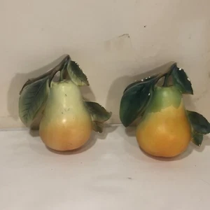 2 Vtg Pair Ceramic LEFTON Wall Pocket Vases Fruit PEAR w Leaves Japan - Picture 1 of 11