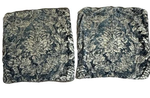 2 Pottery Barn Claudine Pillow Covers Blue Tan Velvet 24x24 Inch Fringe Damask - Picture 1 of 5