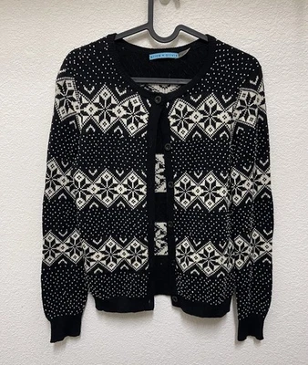 ALICE + OLIVIA SNOW JACQUARD BEADS CARDIGAN WOOL KNIT TOP SWEATER SIZE SP - Image 1 of 4