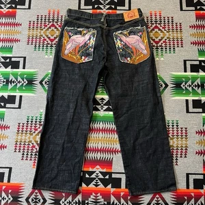RMC Red Monkey Jeans Men’s 38 Blue Denim Embroidered Bird Floral Selvedge Vtg B6 - Picture 1 of 14