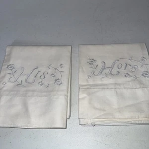 Vintage Pillow Cases White with Blue Embroidered Pillowcases His/Hers Set 2 - Picture 1 of 8