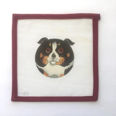 Handpainted Needlepoint Canvas Dog Brown Bernese 18 Mesh 3.75" Round FLAW - Image 1 of 4