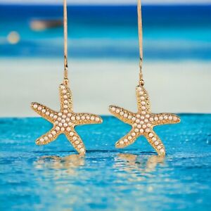 Star Fish Gold Drop Earrings with Inlayed Pearl Beads