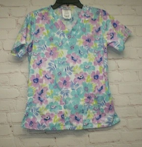 UA Scrubs Womens Size XS Floral Multi-Colored Pastel V-Neck Scrub Top - Picture 1 of 8