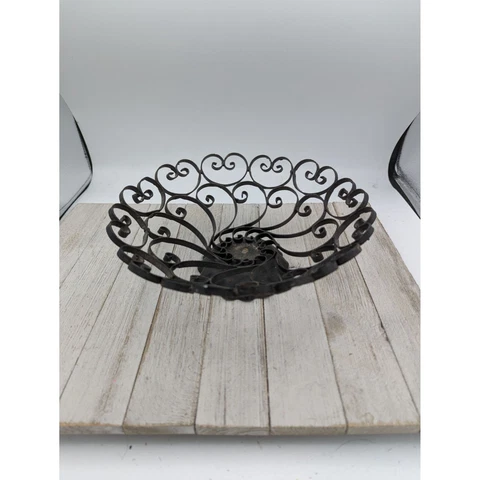 Vintage Black Wrought Iron Scroll Footed Bowl Basket Metal Spanish Gothic 9" X 3 Cover