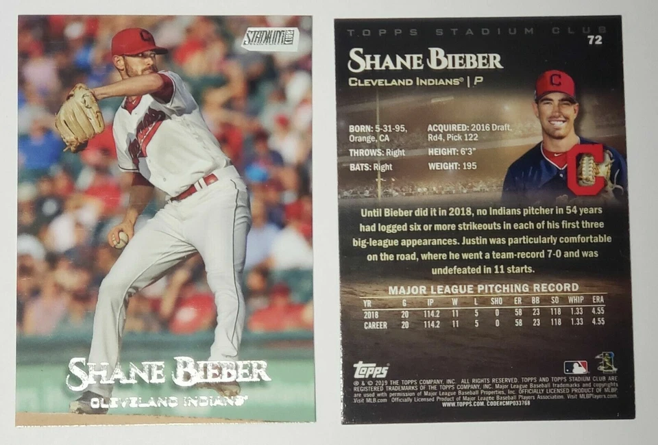 2019 TOPPS STADIUM CLUB SHANE JUSTIN BIEBER ERROR #72 RARE CLEVELAND INDIANS - Image 1 of 1