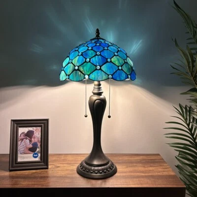 Tiffany Style Table Lamp Blue Green Stained Glass Crystal Bean LED Bulbs 22”H - Image 1 of 4