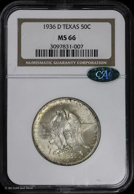 1936 D Texas Commemorative Half Dollar NGC MS 66 CAC | UNC BU - Image 1 of 4