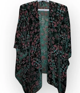 Torrid Burnout Velvet Ruana Kimono Green Duster Open Top Floral One Size Boho - Picture 1 of 9