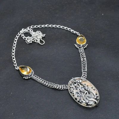 Colar de joias feitas à mão com jaspe dálmata, pedra preciosa citrina 18" i752 - Imagem 1 de 3