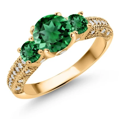 18K Yellow Gold Plated Silver Nano Emerald and White Moissanite Engagement Ring - Image 1 of 3