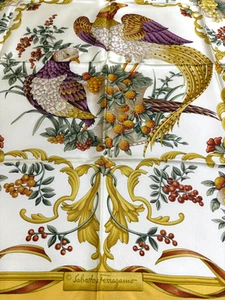 Salvatore Ferragamo Silk Scarf Birds & Berries Ornamental 33.5in Square - Picture 1 of 18