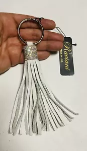 Raviani White Leather Fringe Keychain W/ AB Crystal Mesh (Made in USA) - Picture 1 of 2
