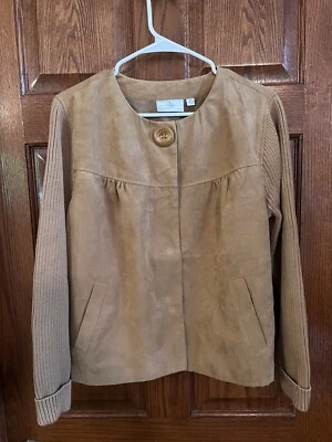 Studio Works 16 Petite Tan Jacket Magnetic Closures Faux Suede Body Knit Arms - Image 1 of 4