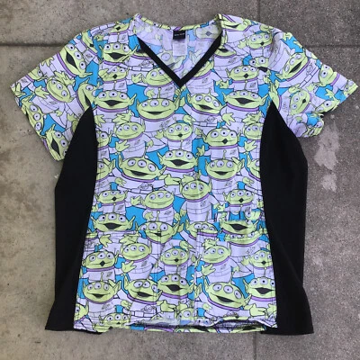 Disney Pixar Little Green Men Women XL Scrub Top Shirt - Image 1 of 4