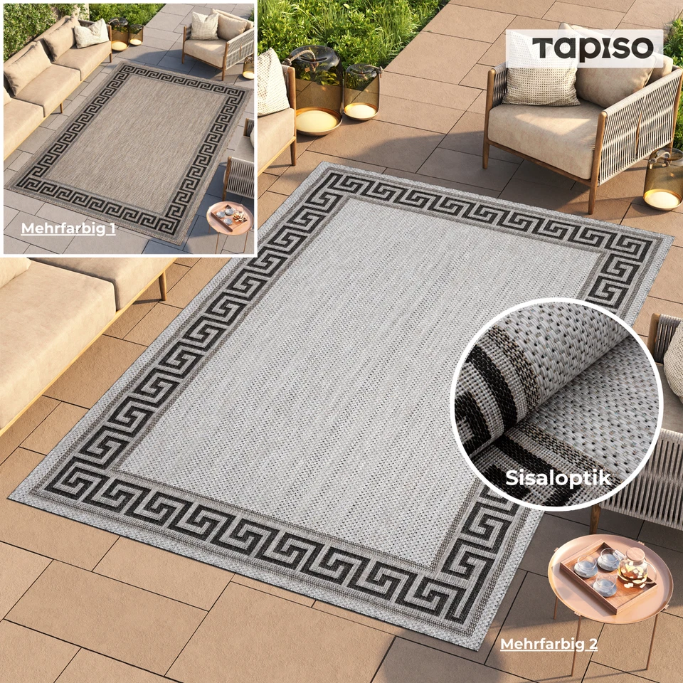 Teppich Outdoor Flachgewebe Grau Schwarz Bordüre Wohnzimmer  Balkon Indoor - Bild 1 von 1