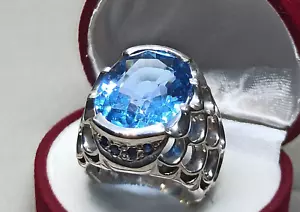 30 Carat Big Blue Topaz Mens Ring Sterling Silver 925 Handmade Topaz Heavy Ring - Picture 1 of 12