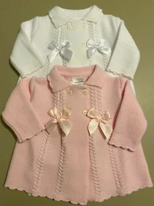 BABY GIRLS SPANISH KNITTED PRAM COAT JACKET LONG CARDIGAN BOWS WHITE PINK 0-12M - Picture 1 of 7
