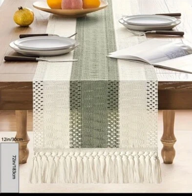 Boho Table Runner for Home Decor Macrame Cream & Green Table Runner with Tassels - Image 1 of 2