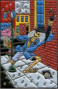 3931 Hippie Skelett tanzt im Regen Emaille Hut Pin Knopf Regenschirm regnet cool - Bild 1 von 2