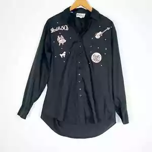 Las Olas Embroidered 50's Rock N' Roll Black Pink Button Down Shirt Rockabilly - Picture 1 of 13