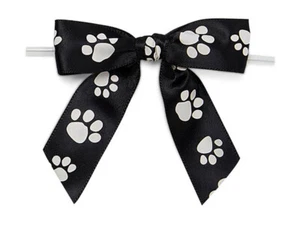 12 pcs - 3" White Paw Print on Black Satin Bows w/Twist Ties - 7/8" wide - Picture 1 of 2