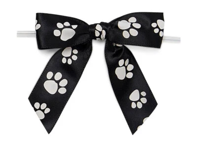 12 pcs - 3" White Paw Print on Black Satin Bows w/Twist Ties - 7/8" wide - Image 1 of 2
