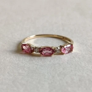 14k Gold Finish Silver Natural Pink Tourmaline Diamonds Wedding Dainty Band Ring - Picture 1 of 7