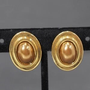 Carolee signierte goldfarbene Ohrclips braun Cabochon oval Statement Vintage - Bild 1 von 14