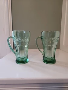 VINTAGE LIBBEY COCA-COLA Mug Set Of 2 Green 6.5” Thick Heavy Glass w/ Handle - Bild 1 von 5