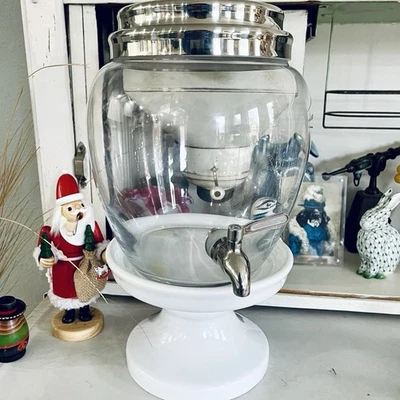 Pottery Barn Rhodes Ceramic White Stand & Glass 7.5qt Drink Dispenser Stainless - Image 1 of 4