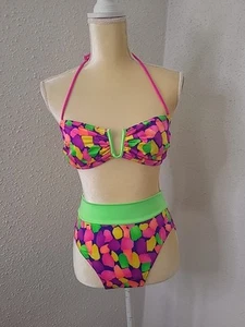 Costume da bagno bikini vintage anni 80 verde fluo e colori vivaci fascia reggiseno vita alta - Foto 1 di 13