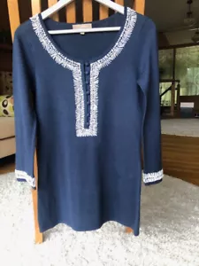 Tommy Bahama linen/cotton blouse tunic XS dark blue with white beads embrodery - Picture 1 of 12