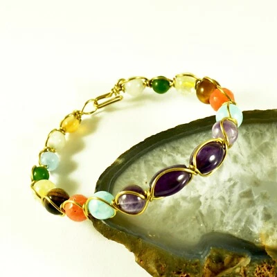 Pulsera envuelta en alambre de latón para mujer - amatista, ágata, citrino piedras preciosas mixtas Foto 1 de 4