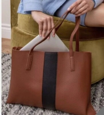 Vince Camuto Brown Black Stripe Vegan Leather Tote Laptop Bag Shopper Purse,NWOT - Image 1 of 4