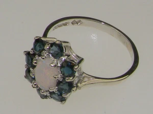 10k Solid White Gold Natural Opal & London Blue Topaz Womens Cluster Ring - Picture 1 of 2