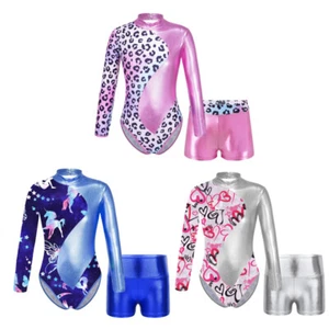 Kid Girls Long Sleeve Ballet Dance Leotard Gymnastic Workout Bodysuit Shorts Set - Picture 1 of 49