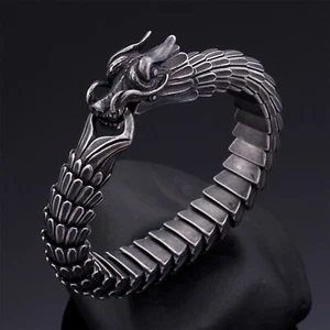 Men's Heavy 153g Black DRAGON Stainless Steel Bangle Cuff Biker Bracelet 8.7" - Picture 1 of 9