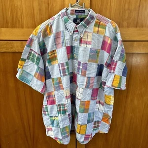 417 Van Heusen Men XL Blue Madras Plaid Patchwork Short Sleeve Shirt Cotton - Imagen 1 de 9