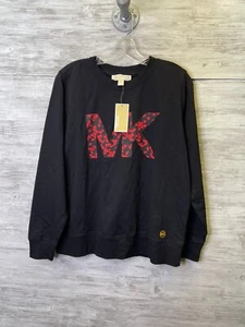 Michael Kors Sweatshirt Womens M Black Crew Neck MK Hearts Pullover Lightweight - Picture 1 of 8