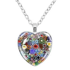 Multicolor Glass Cabochon Heart Shaped Flower Bezel Pendant Necklace - Picture 1 of 2