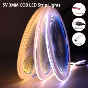 COB LED Strip Light 3mm Flexible Tape Lights Cabinet Lighting Warm White USB 5V - Picture 1 of 27